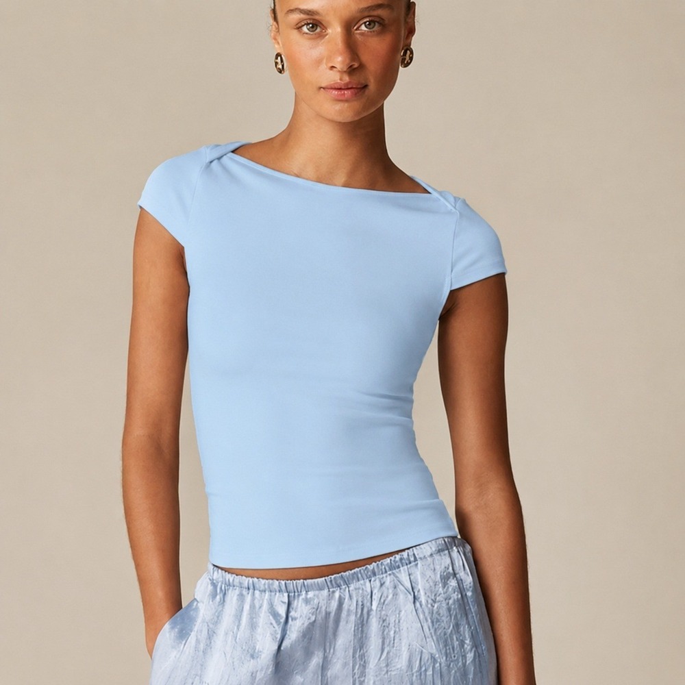 J.Crew Refined Rib Cap-Sleeve Shirt Women M Blue Boat Neck Casual Coquette Prep